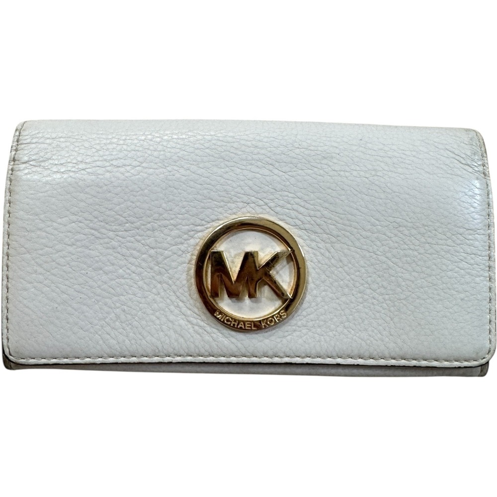 Michael Kors White pebble Leather‎ Wallet FultonFlap Snap Closure Gold MK Logo